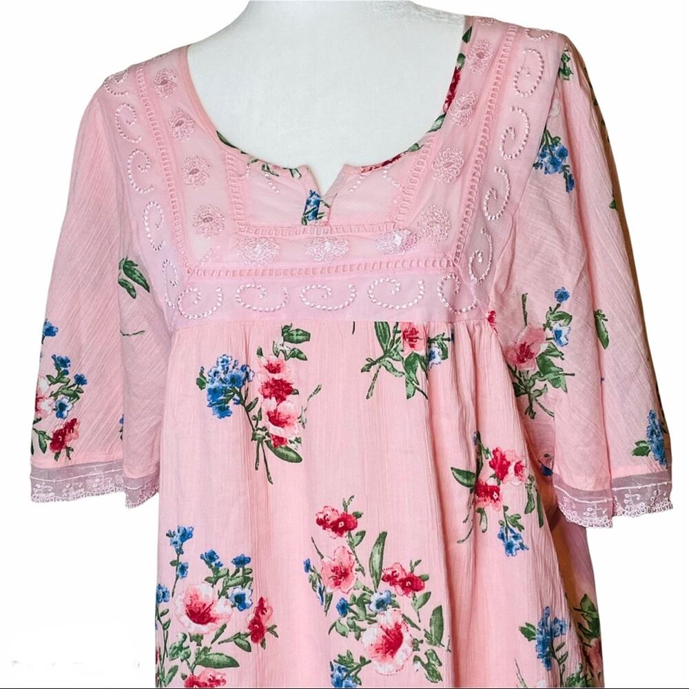 Tantrums 100% Cotton Pink Baby Doll Embroidered Peasant Top Size Med